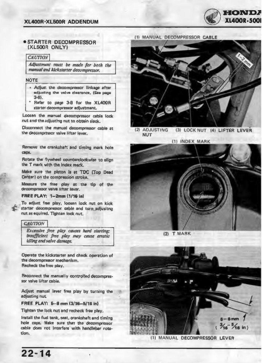 Technical manual page with text and images of a Honda XL400R/SOLV starter decompressor system.