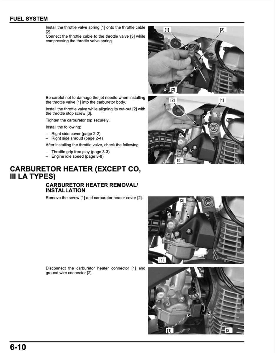Technical manual page for motorcycle fuel system and carburetor heater installation.