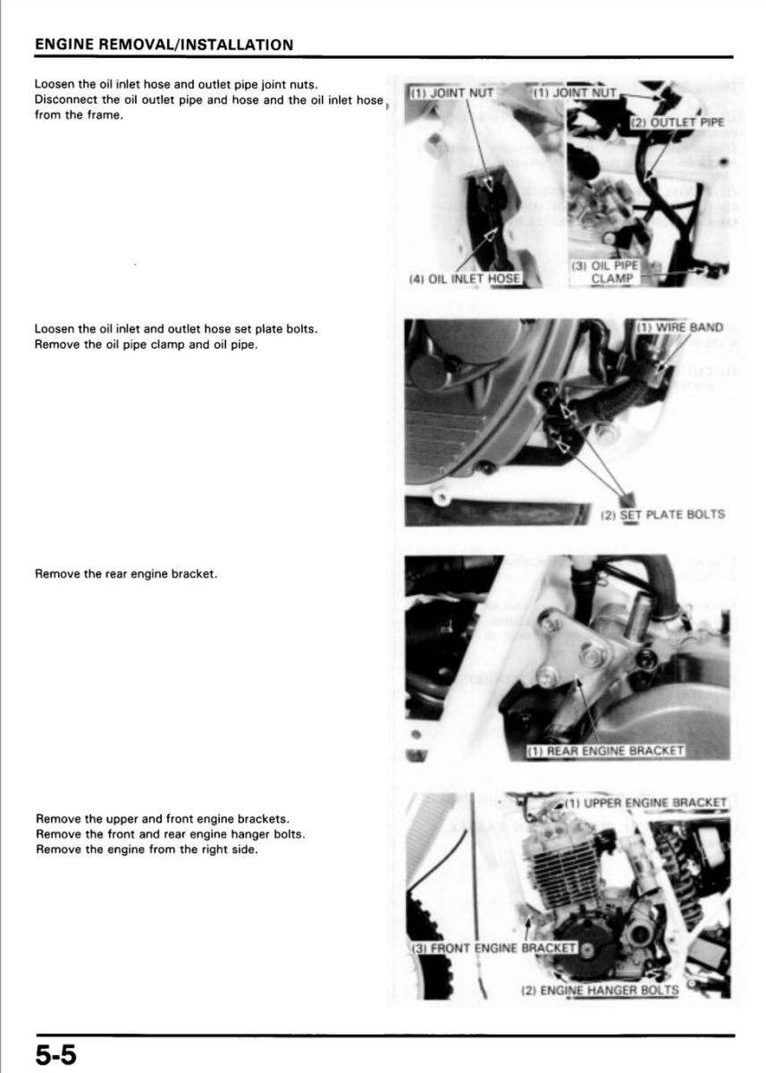 Step-by-step instructions for engine removal/installation with black and white images.