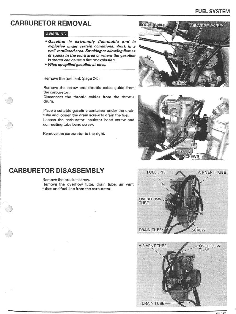Instructions for carburetor removal and disassembly on a printed manual page.