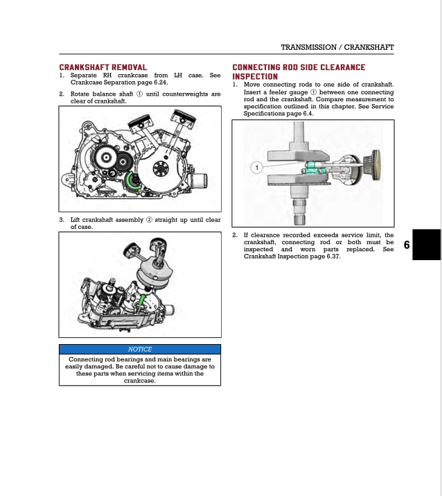 Technical diagram and instructions for crankshaft removal and inspection on a white background