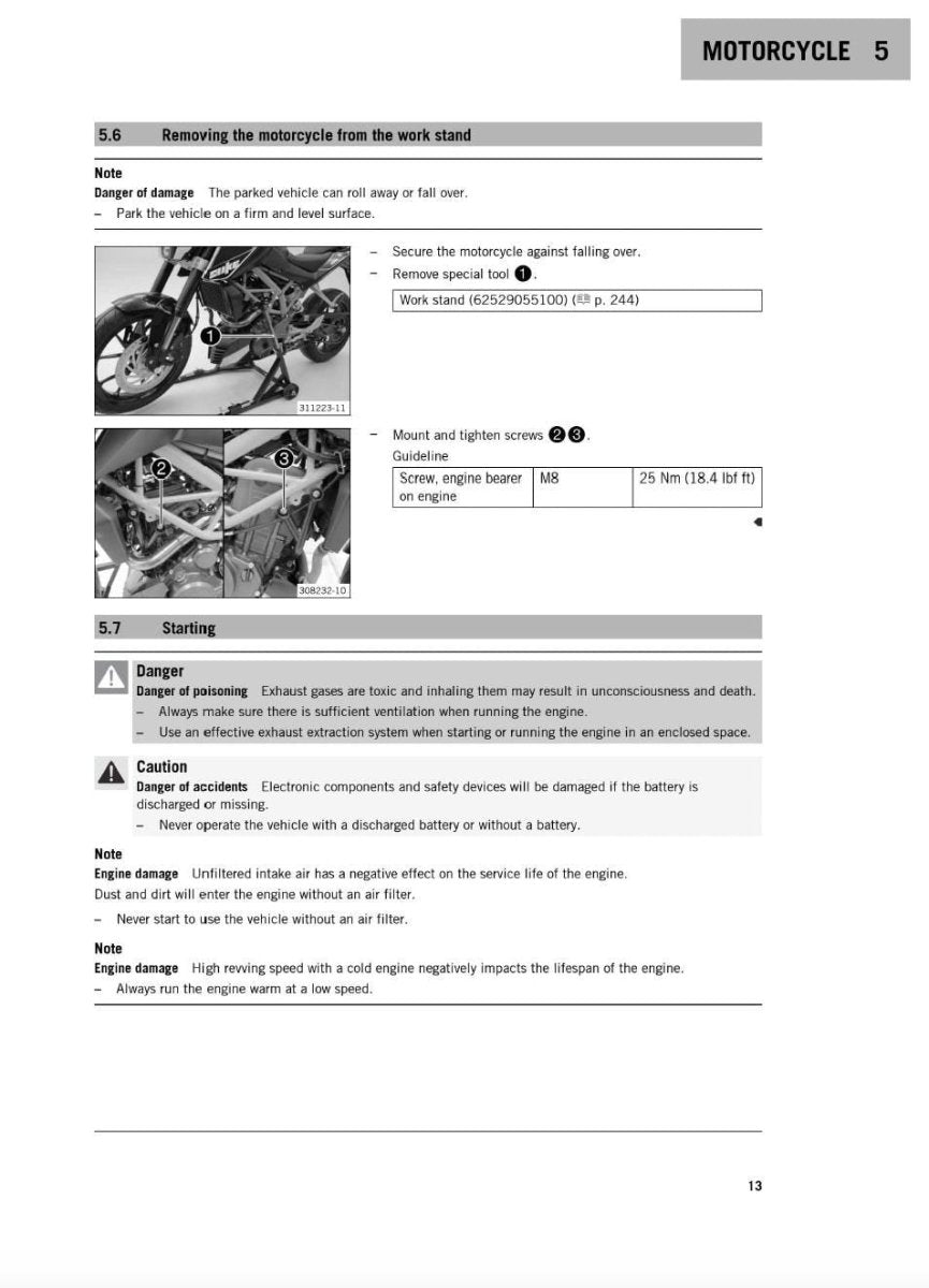 Page from a motorcycle manual showing text and images of a motorcycle.