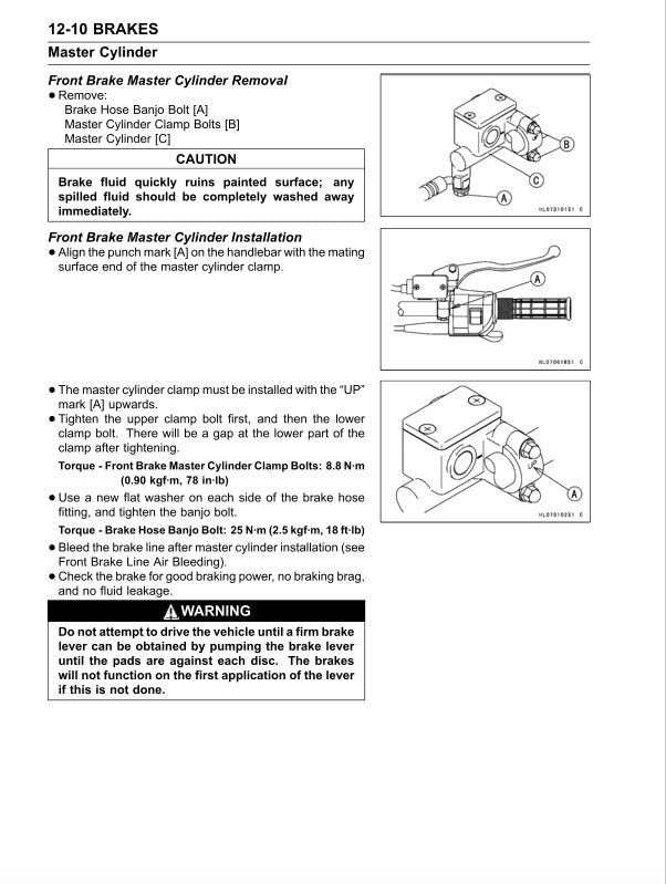 Technical diagram and instructions for front brake master cylinder removal and installation on a vehicle.