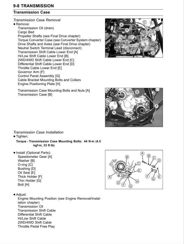 Technical manual page for transmission case removal and installation with diagrams and text.