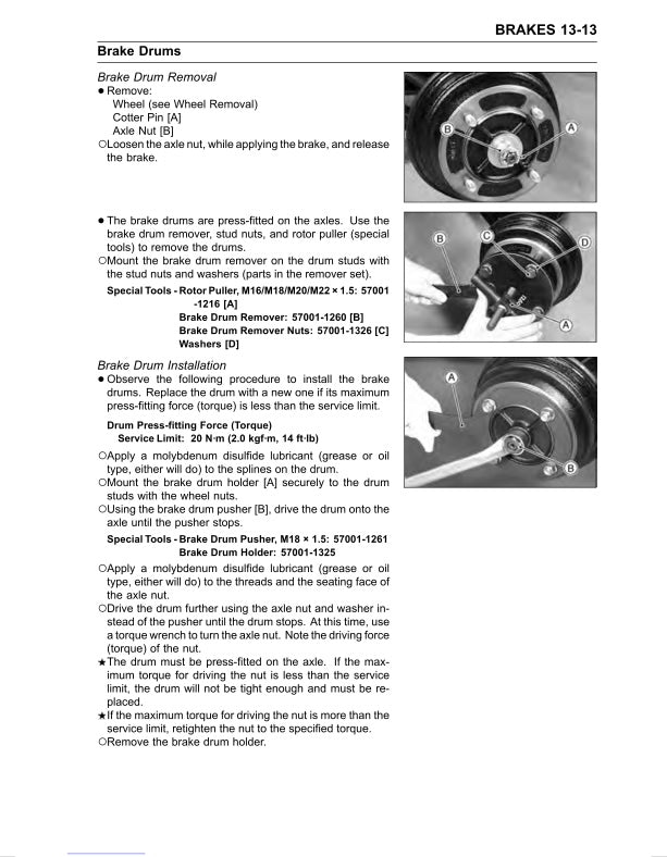 Technical manual page on brake drum removal and installation with step-by-step instructions and diagrams.