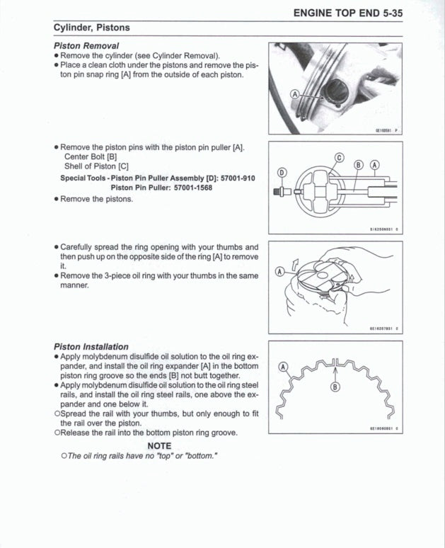 Technical manual page on piston removal and installation for an engine top end.