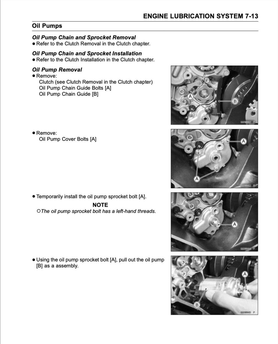 Technical manual page on oil pump removal with text and diagrams.