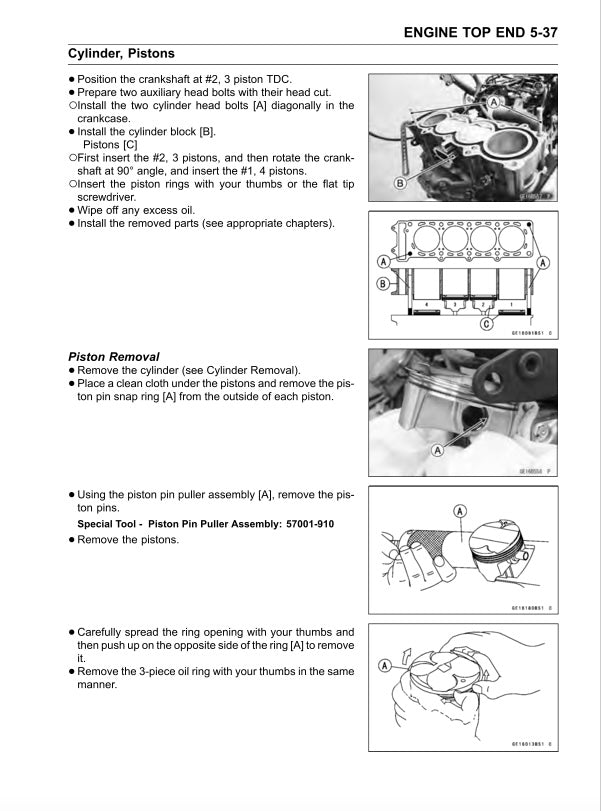 Technical manual page with instructions on cylinder and piston removal for an engine, featuring text and diagrams.