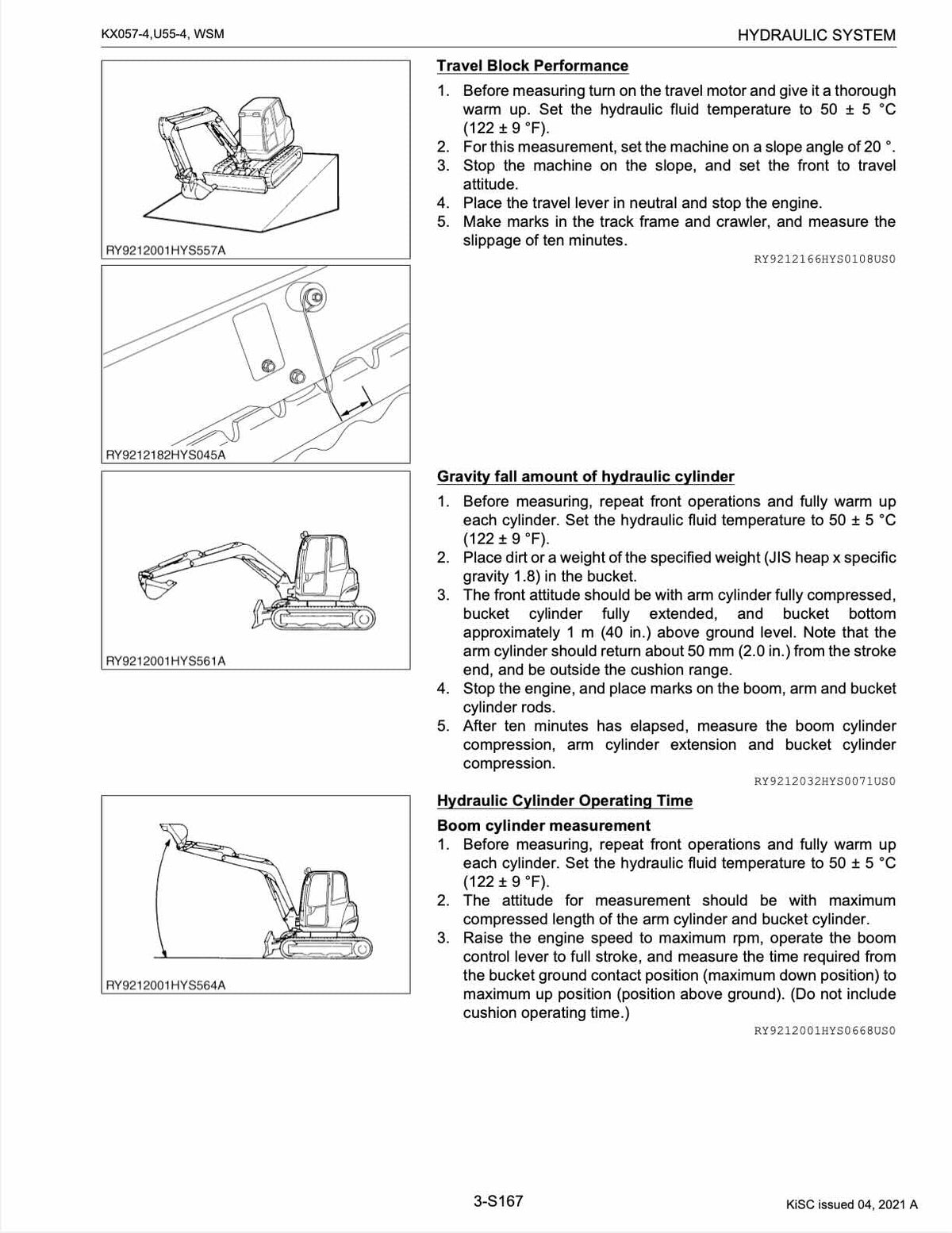 A technical service manual page for a hydraulic system, showing measurement procedures and diagrams for travel block force, gravity amount of hydraulic cylinder, and boom cylinder measurement. The page contains black and white line drawings with numbered steps and technical notes.