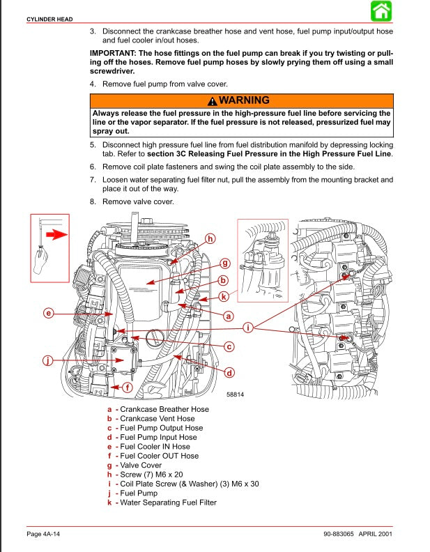 Technical diagram and instructions for a cylinder head with labeled parts and warnings.