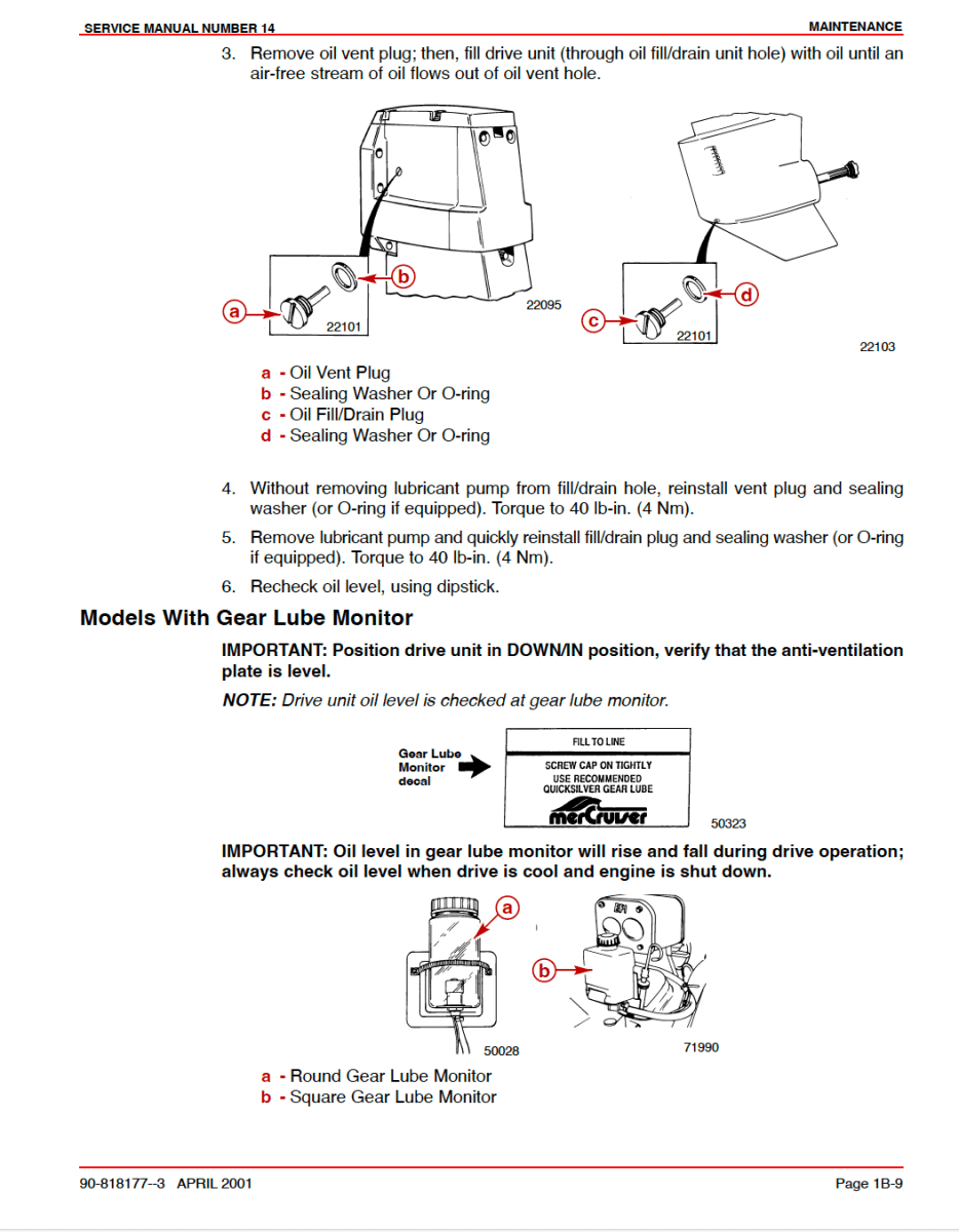 Technical service manual page with diagrams and text on oil level check and vent plug removal for a vehicle.