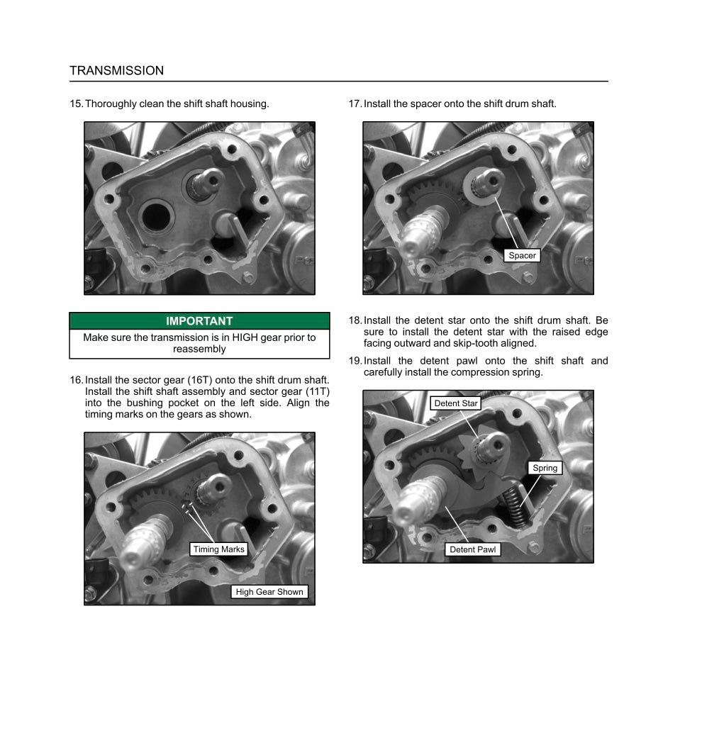 Technical manual page with instructions on installing a transmission, featuring close-up images of mechanical components.