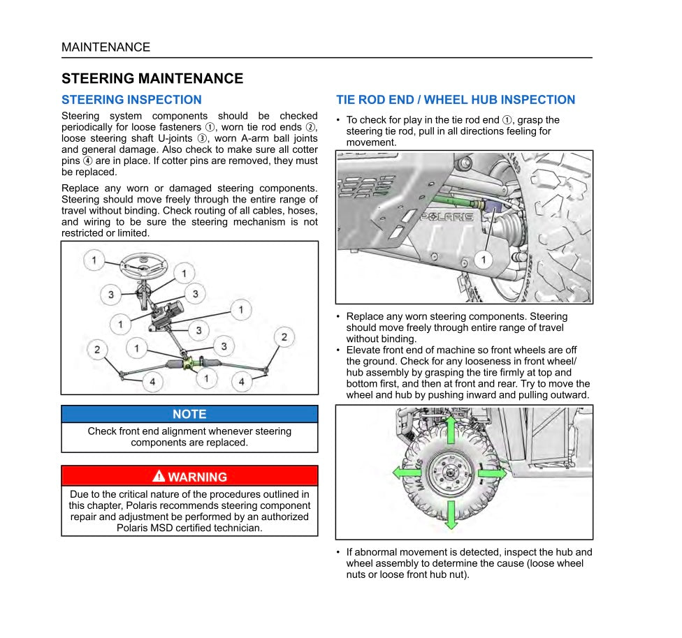 Steering maintenance inspection guide with text and diagrams on a white background