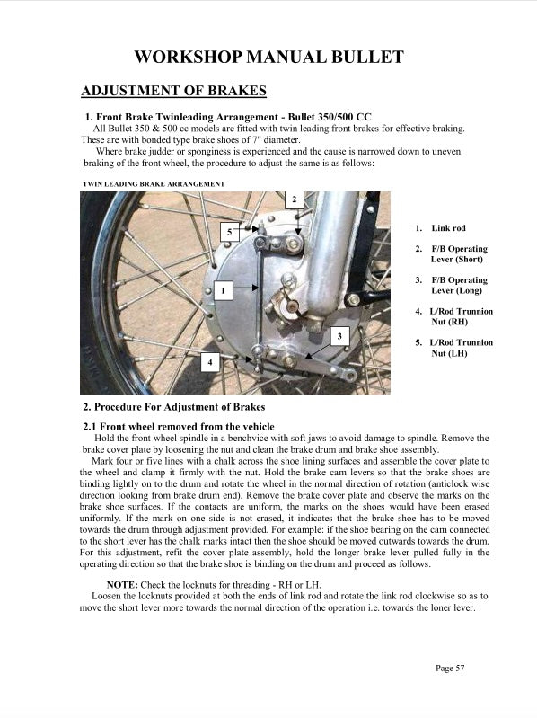 Workshop manual page on brake adjustment for a motorcycle, showing text and diagrams.