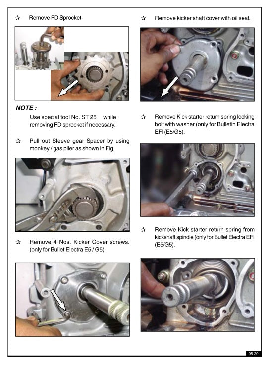Step-by-step manual instructions for removing components from a mechanical system, likely from a motorcycle or similar vehicle.
