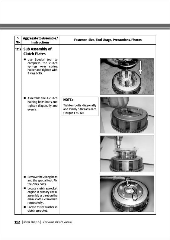 Technical manual page with clutch assembly instructions and diagrams.