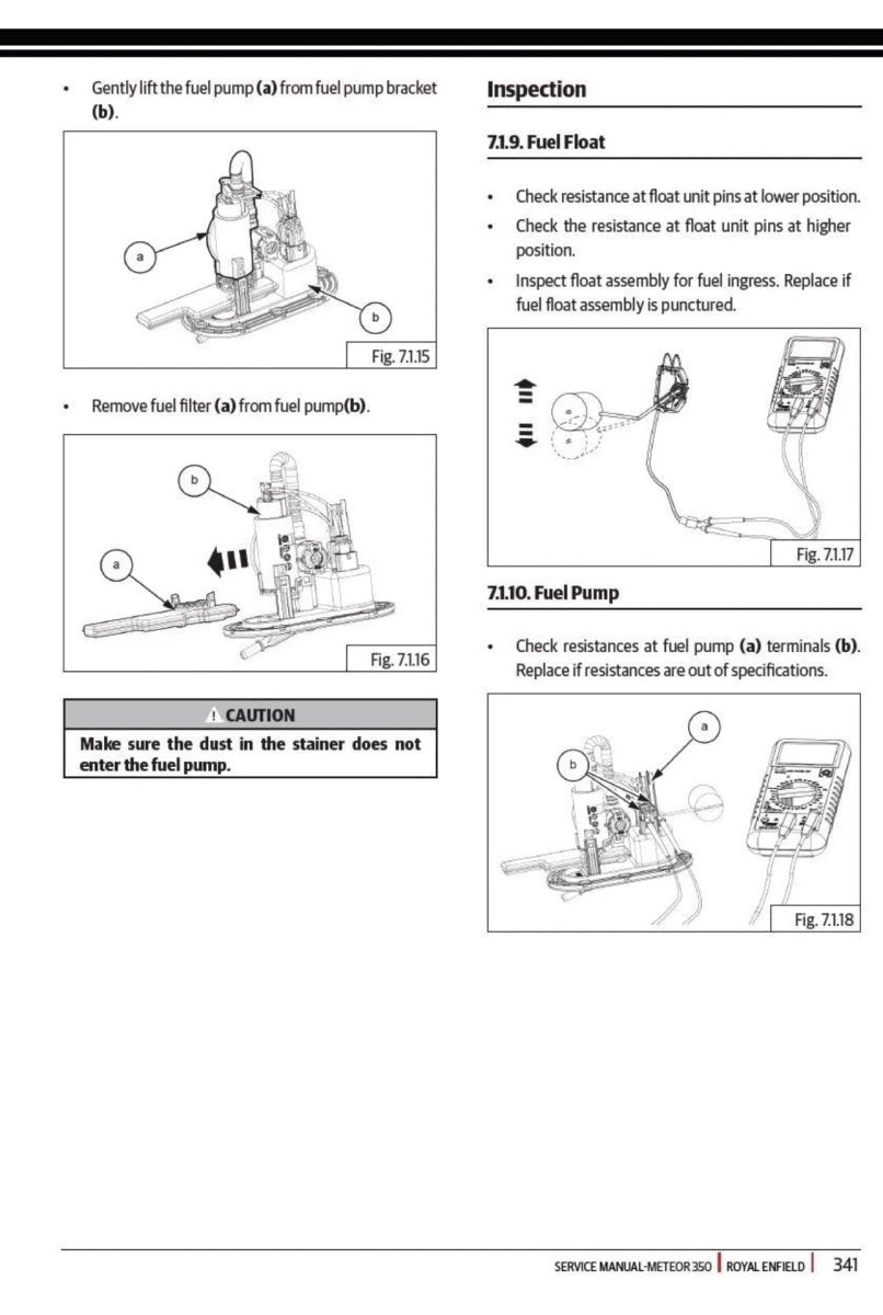 Technical manual page with diagrams and text on fuel system inspection and removal.