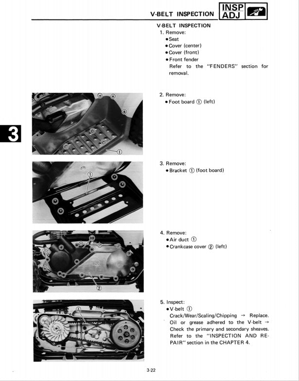 Technical manual page with V-belt inspection instructions and diagrams.