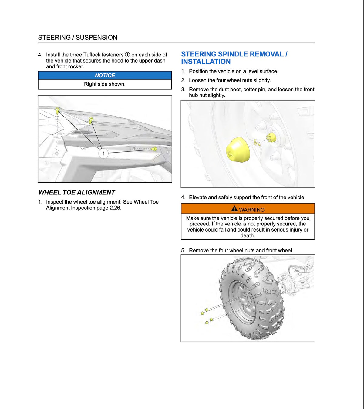Polaris RZR 200 service manual page showing wheel toe alignment, steering spindle removal, and front wheel diagrams