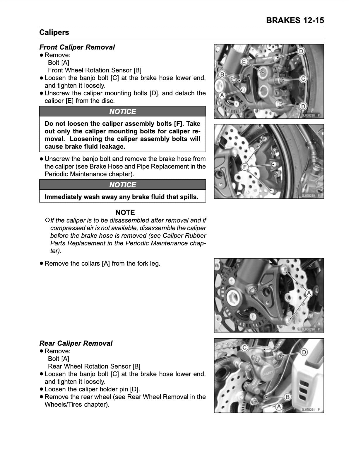 Kawasaki ZX-10R Ninja service manual page 12-15 with front and rear brake caliper removal photos
