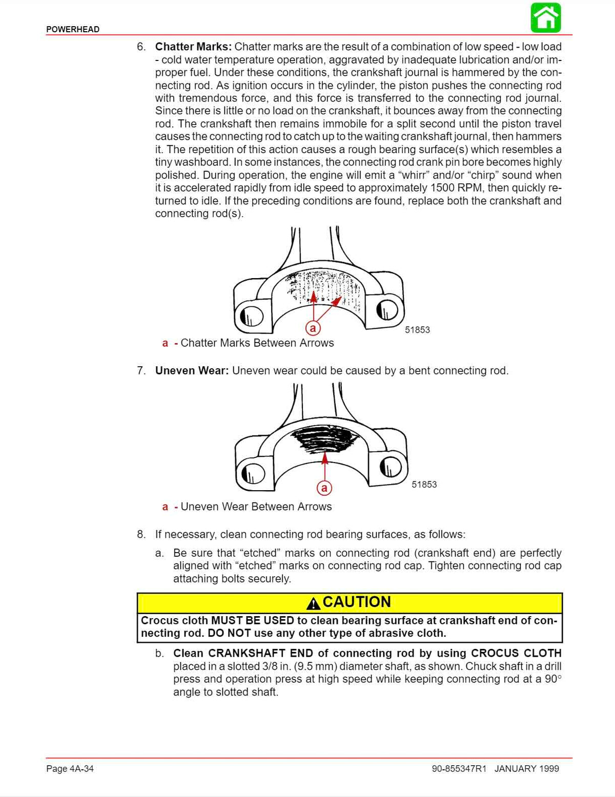 Mercury OptiMax service manual page with connecting rod chatter marks and uneven wear diagrams