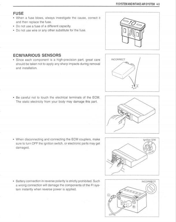 Technical manual page with instructions on fuse replacement and ECM/sensor installation.