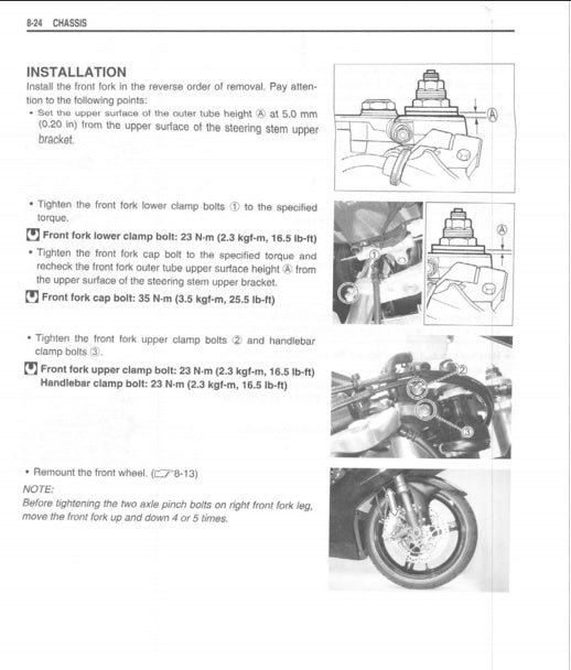 Technical diagram and instructions for motorcycle front fork installation on a white background