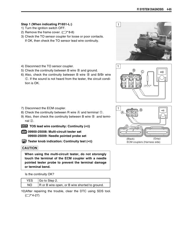Technical manual page with diagnostic instructions and illustrations for a vehicle system.