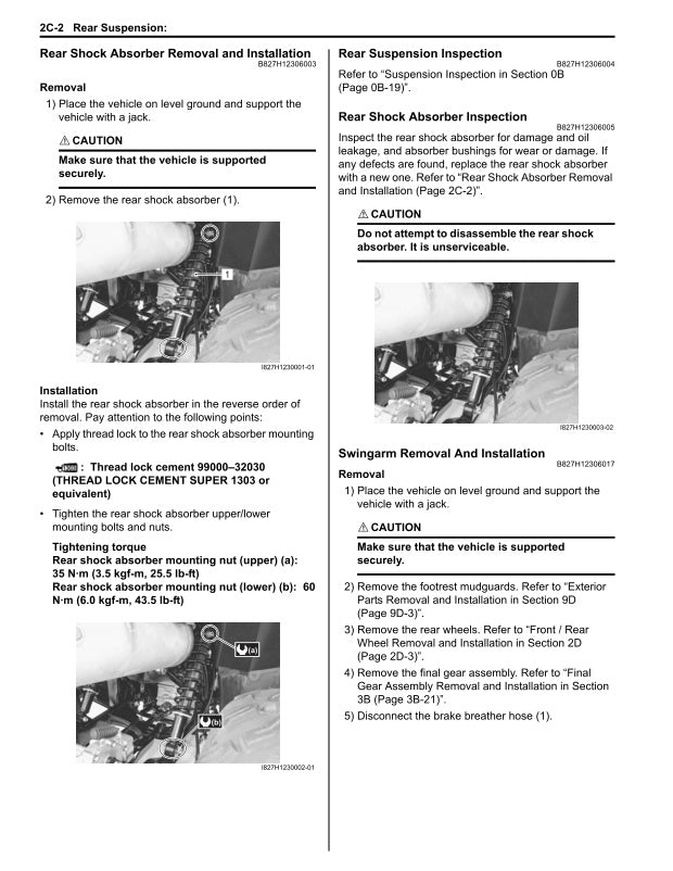 Technical manual page on rear suspension removal and installation with text and images.