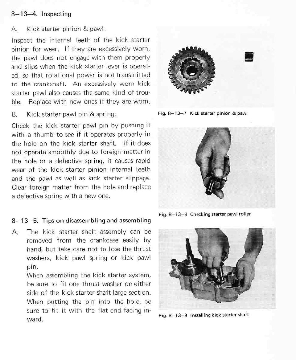 Technical manual page on inspecting a kick starter pinion and pawl with text and diagrams.