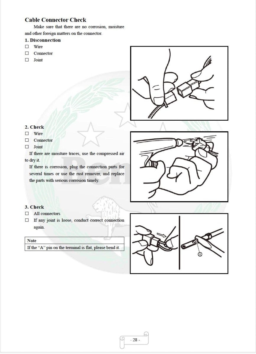 Instructions for cable connector check with illustrations on a white background