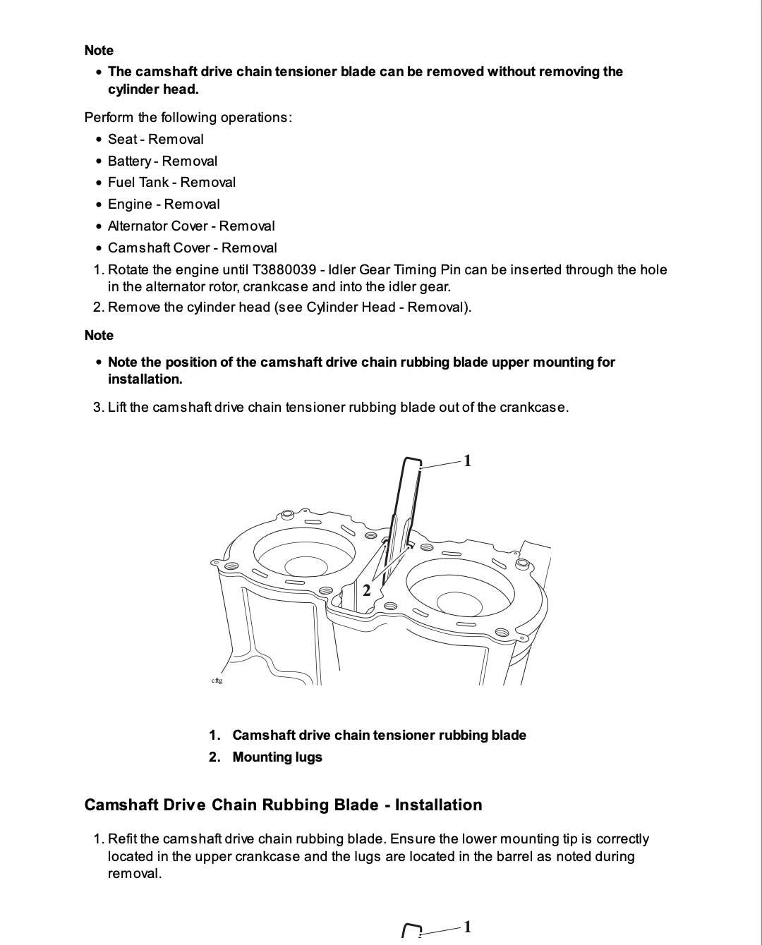 Technical diagram and instructions for removing and installing a camshaft drive chain tensioner blade.