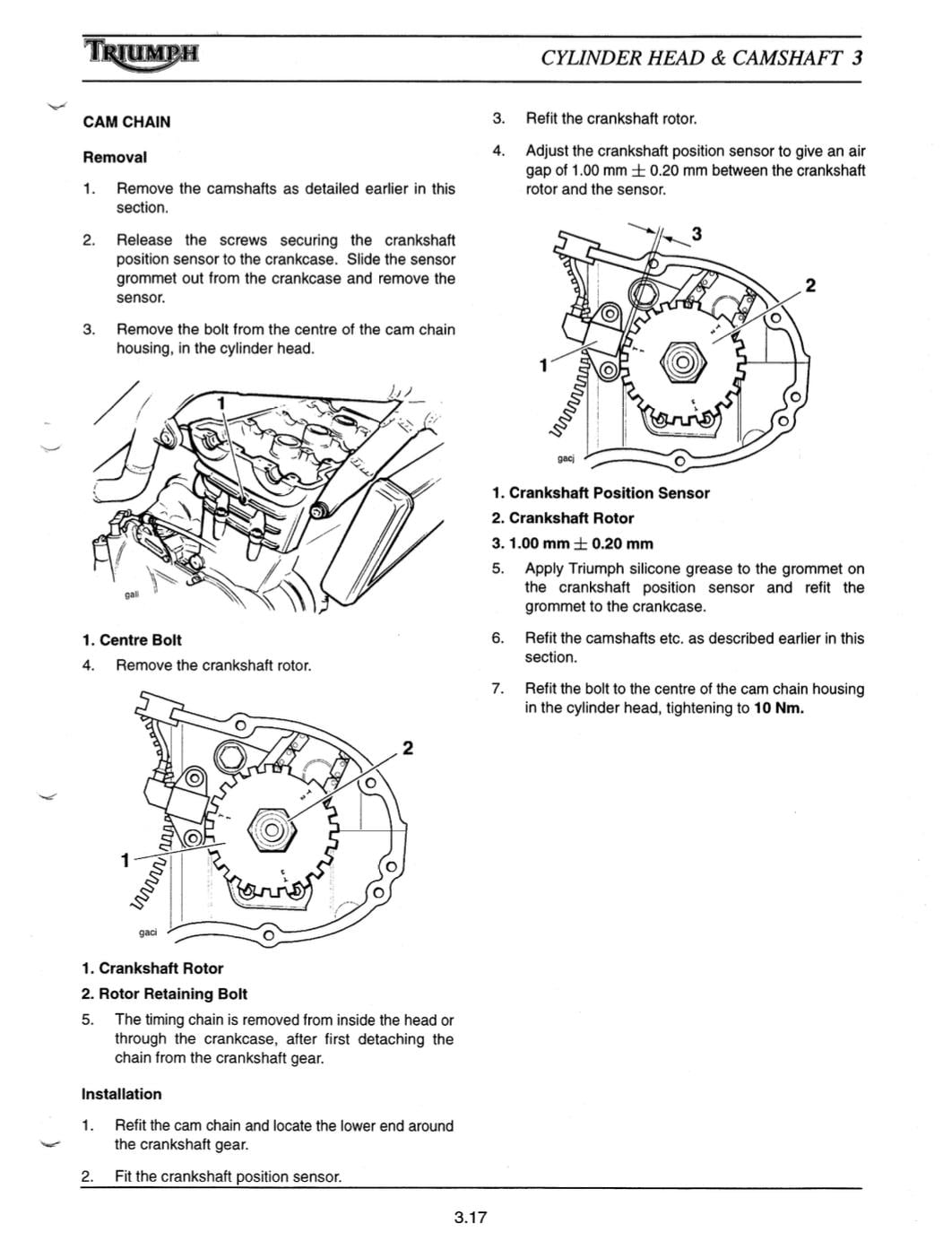 Technical diagram and instructions for removing a cam chain on a Triumph engine.