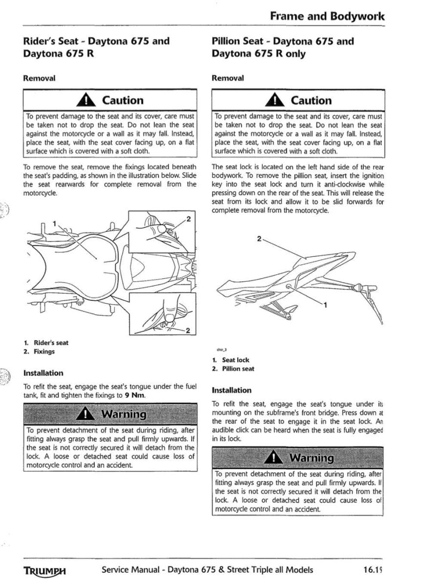 Technical manual page for Triumph Daytona 675 and 675 R motorcycle seat removal and installation.