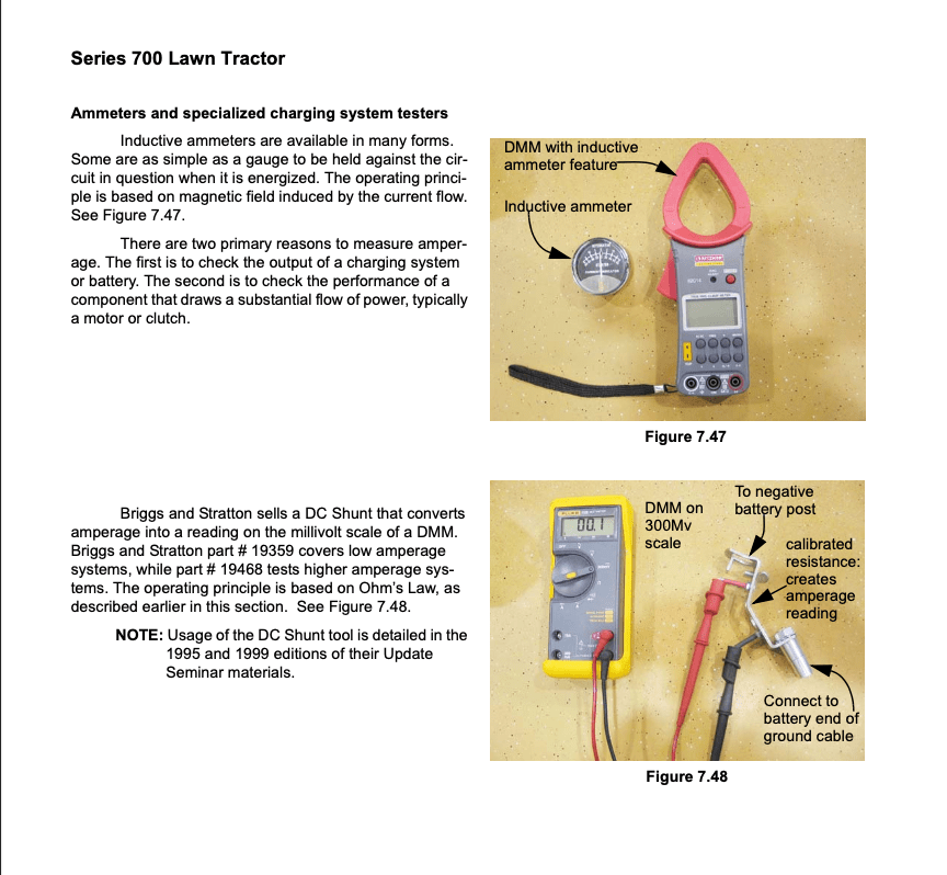 Technical manual page on ammeters and charging system testers with diagrams and text.