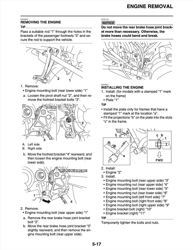 Technical diagram and instructions for engine removal and installation on a vehicle.