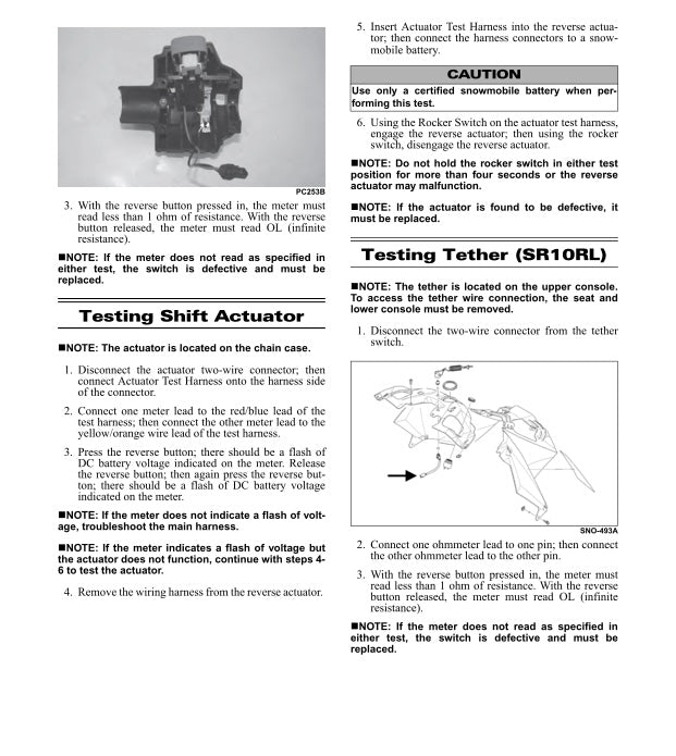 Technical manual page with instructions on testing a tether and shift actuator.