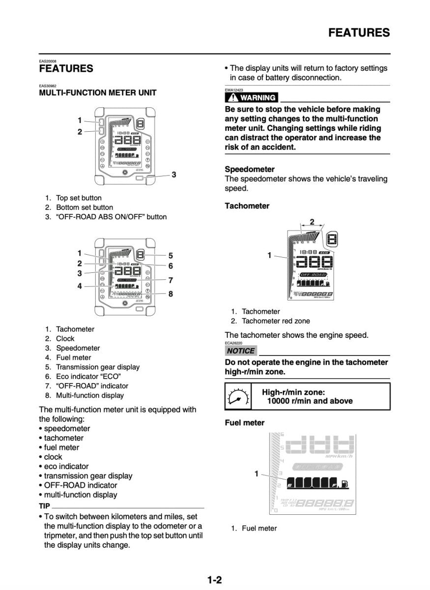 Page from a manual or user guide detailing features of a multi-function vehicle meter unit with diagrams and text.