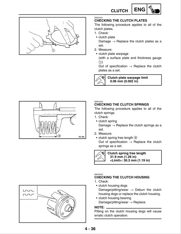 Technical manual page on clutch inspection procedures with diagrams and text.
