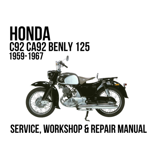 A service and workshop repair manual cover for a Honda C92 CA92 Benly 125 from 1959-1967, featuring a black and silver vintage motorcycle on a white background with bold black text.