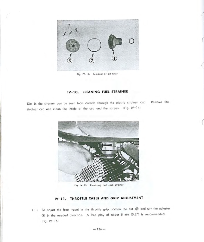 A scanned page from a vintage automotive service manual showing instructions and diagrams for cleaning a fuel strainer and adjusting throttle cable and grip. The page includes two black-and-white technical diagrams with labeled parts and one color photograph of a mechanical engine component.
