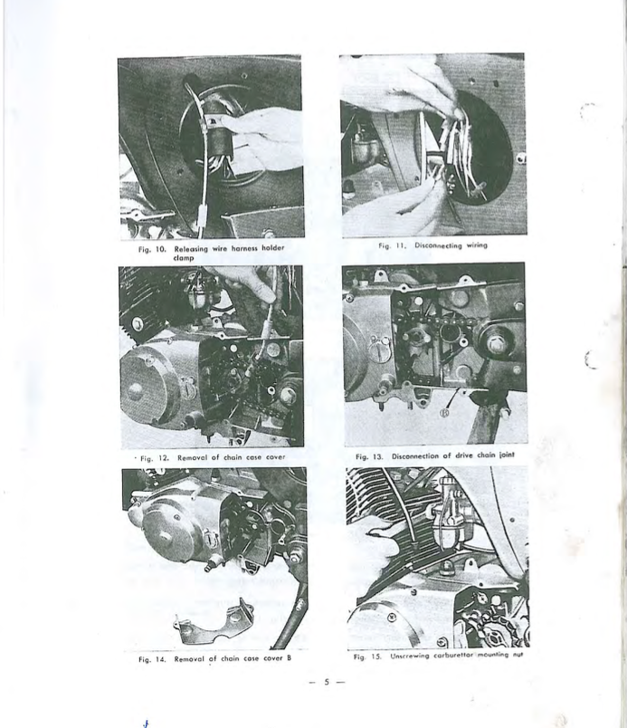 A vintage black-and-white technical manual page showing six numbered photos with captions about removing and disconnecting chain cases and wiring on a motorcycle or engine.