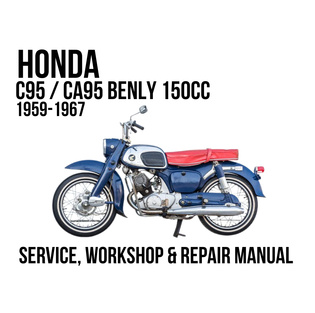A vintage Honda C95 / CA95 Benly 150cc motorcycle shown in blue, silver, and red, with text reading 'HONDA C95 / CA95 BENLY 150CC 1959-1967' and 'SERVICE, WORKSHOP & REPAIR MANUAL' on a white background.