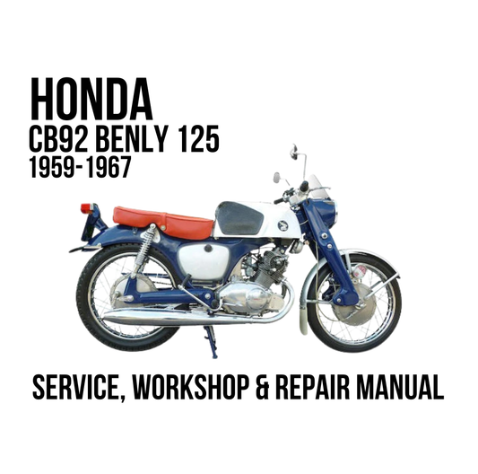 A vintage Honda CB92 Benly 125 motorcycle is shown on a white background with text reading 'HONDA CB92 BENLY 125 1959-1967' and 'SERVICE, WORKSHOP & REPAIR MANUAL'. The motorcycle is blue, white, and orange-red.