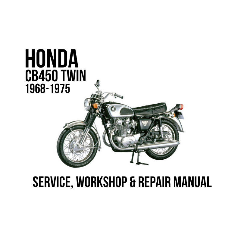 A vintage Honda CB450 Twin motorcycle illustration centered on a white background, with bold black text reading 'HONDA CB450 TWIN 1968-1975' above and 'SERVICE, WORKSHOP & REPAIR MANUAL' below.