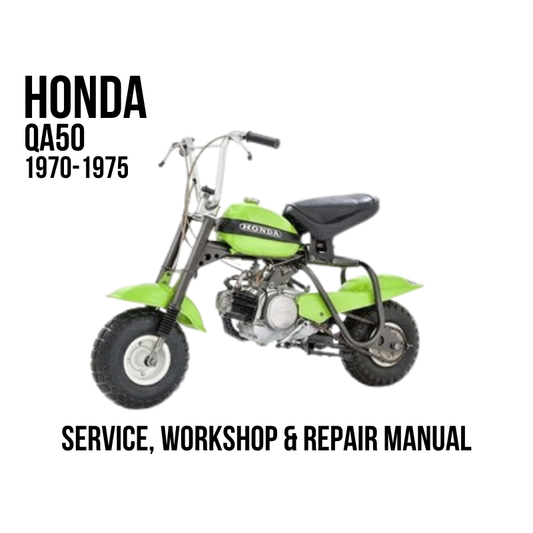 A small Honda QA50 mini motorcycle from 1970-1975 in bright green and black, shown on a white background with text reading 'HONDA QA50 1970-1975' and 'SERVICE, WORKSHOP & REPAIR MANUAL'.