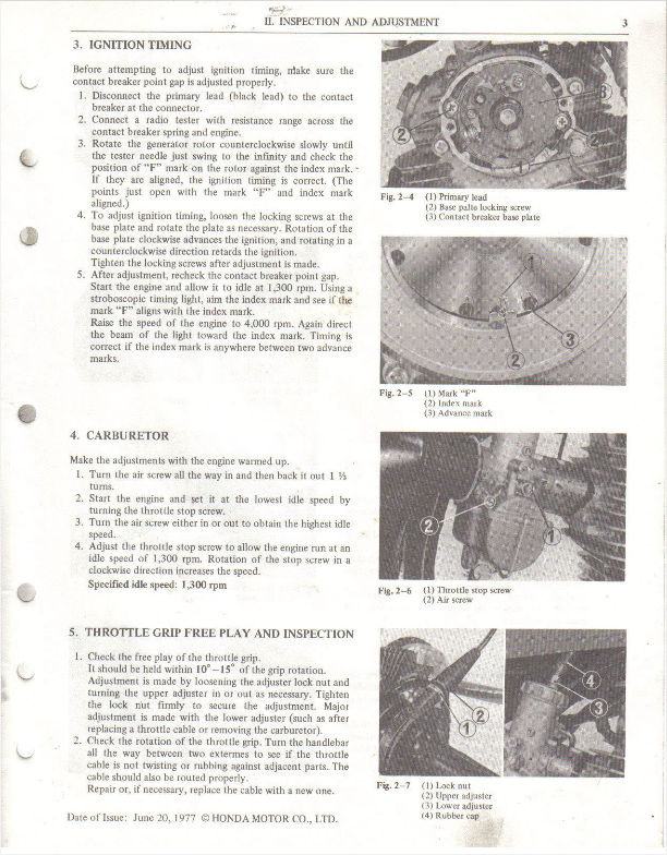 A scanned page from a Honda service manual showing engine inspection and adjustment procedures, including ignition timing, carburetor, and throttle grip free play, with text and several small black-and-white technical diagrams.
