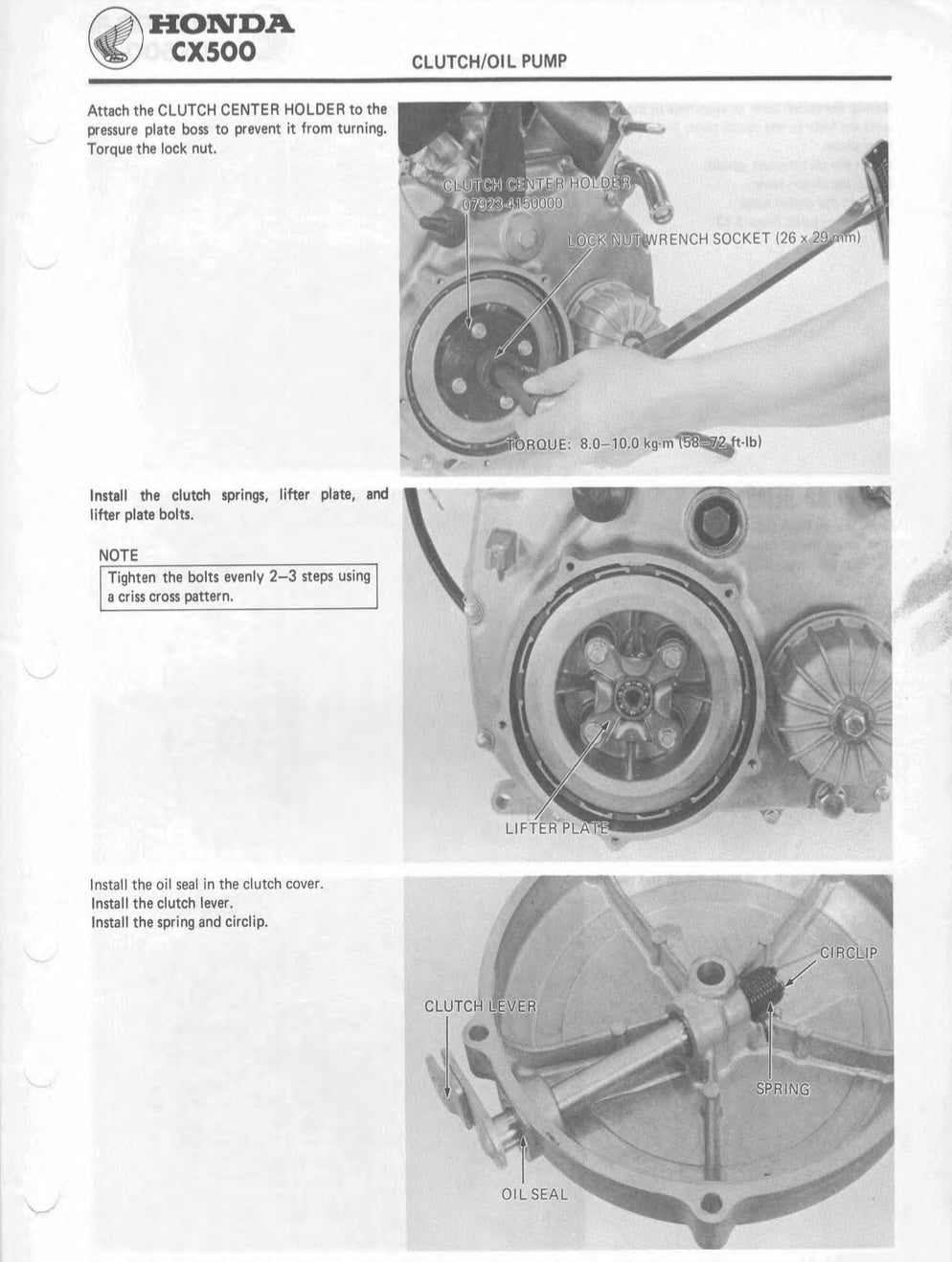 Technical diagram of a Honda CX300 clutch and oil pump assembly with text instructions.
