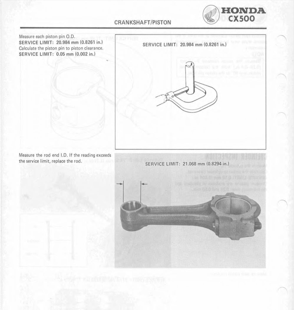 Technical diagram and component of Honda CX500 crankshaft/piston system on a white background.