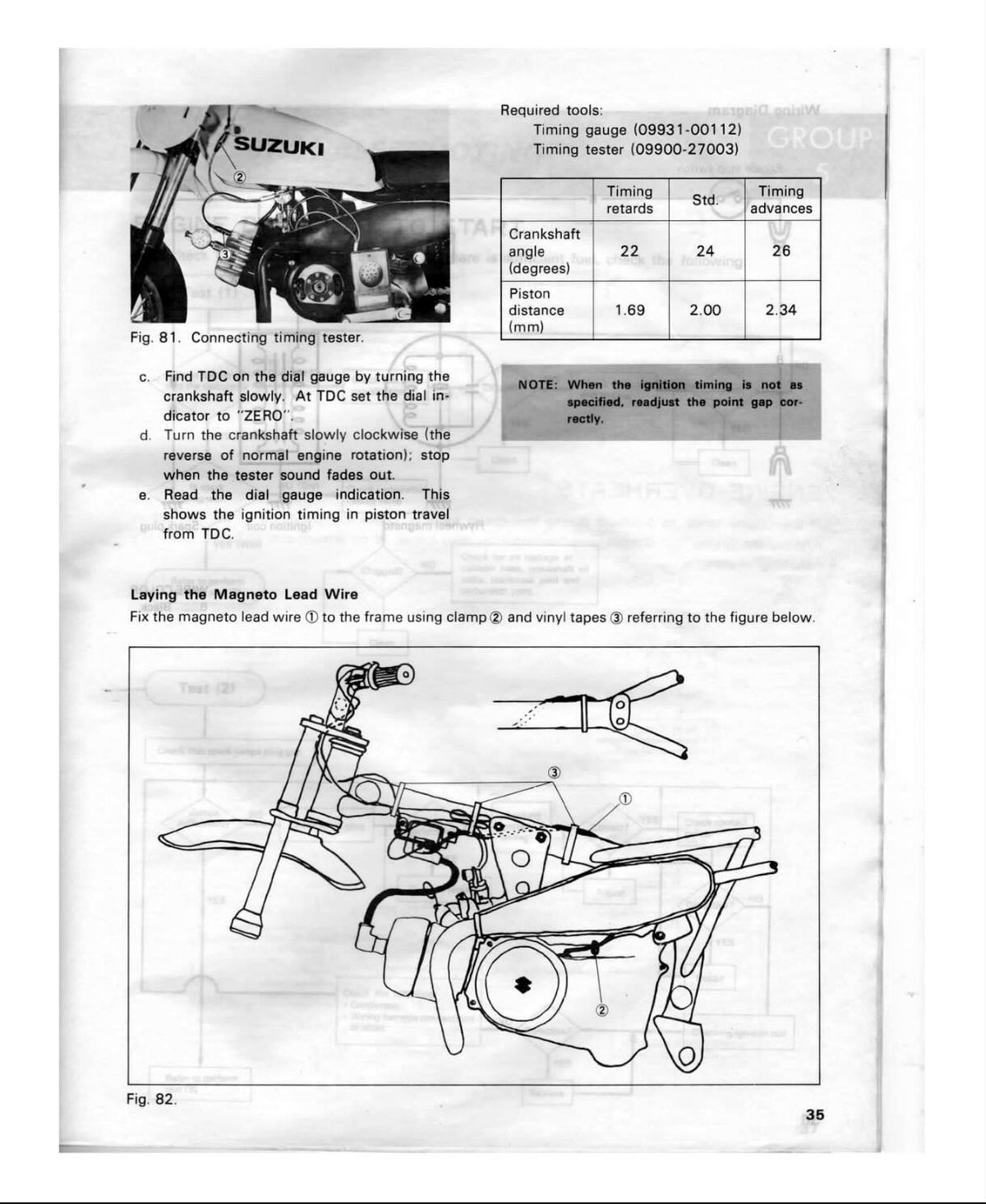 A scanned page from an instruction manual showing Suzuki timing and magnet wire instructions, with diagrams, notes, and a small photo of a motorcycle engine.